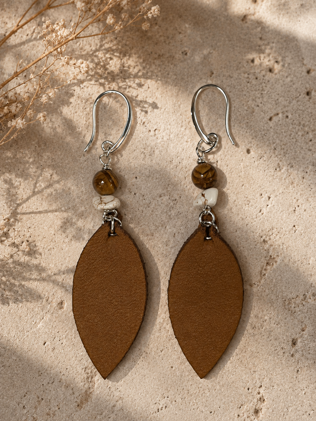Genuine Leather Jasper & Magnesite Earrings | Handmade Boho Western Dangle Earrings