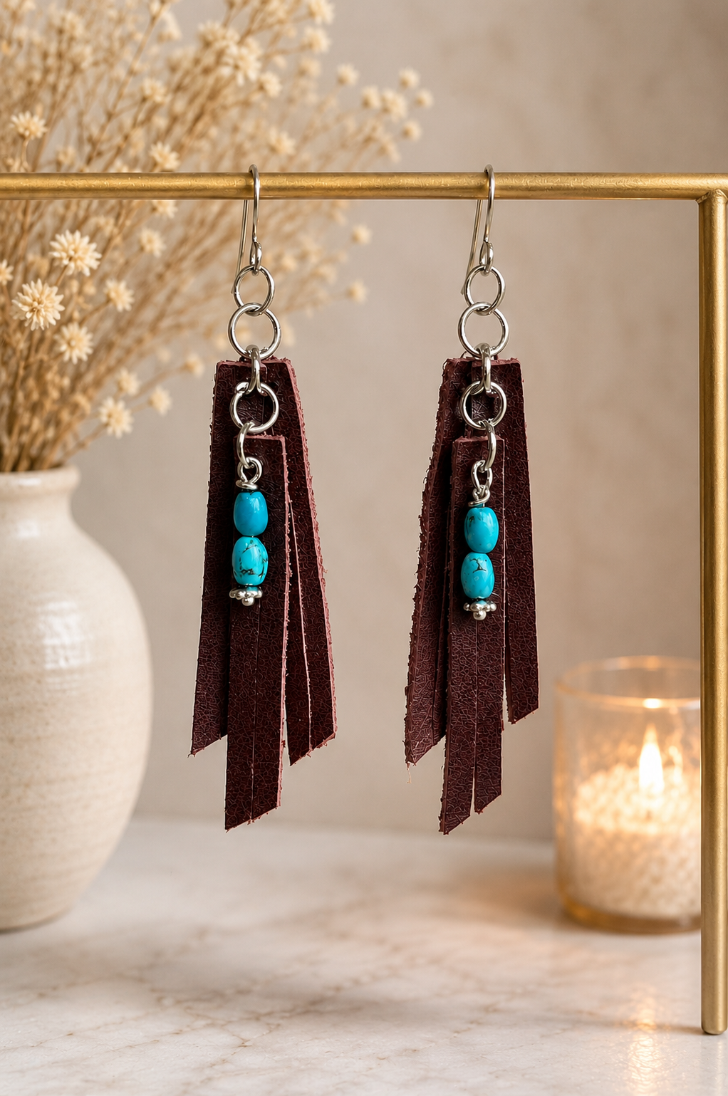 Western Turquoise Like Stones -Genuine Leather Tassel Earrings
