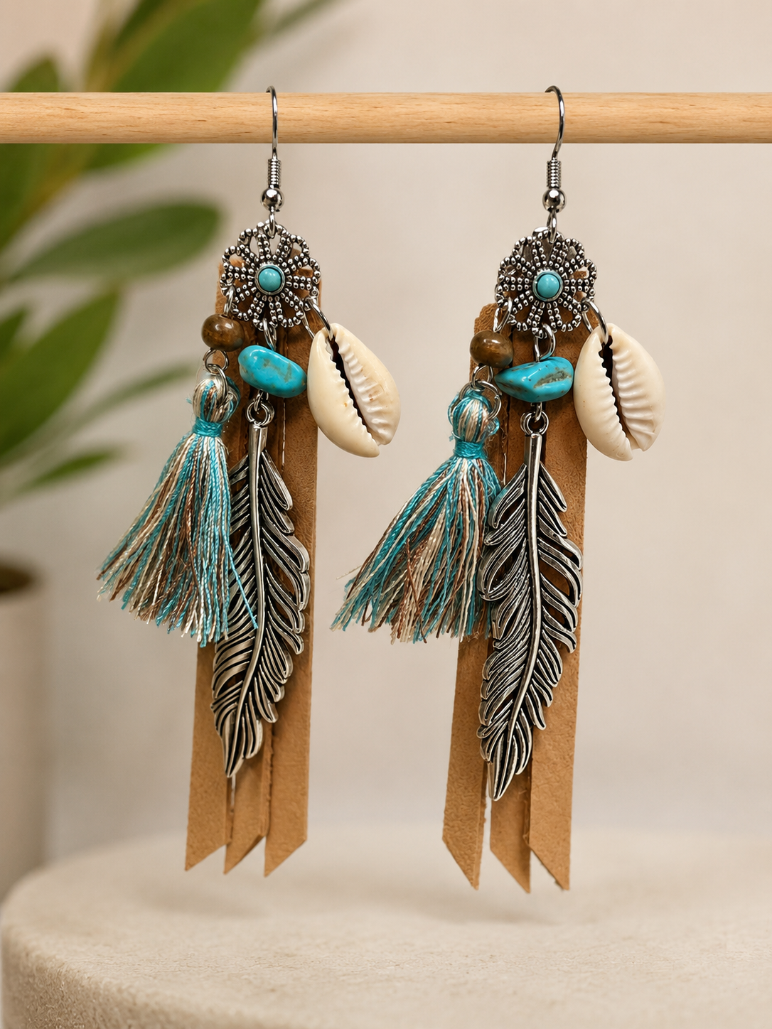 Shell & Feather Boho Leather Tassel Earrings