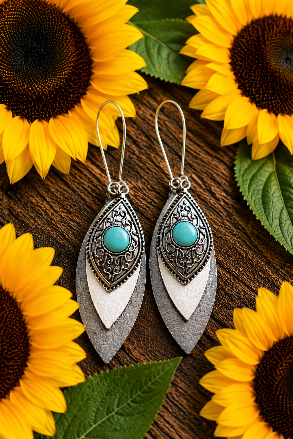 Grey Western Layered Leather Earrings