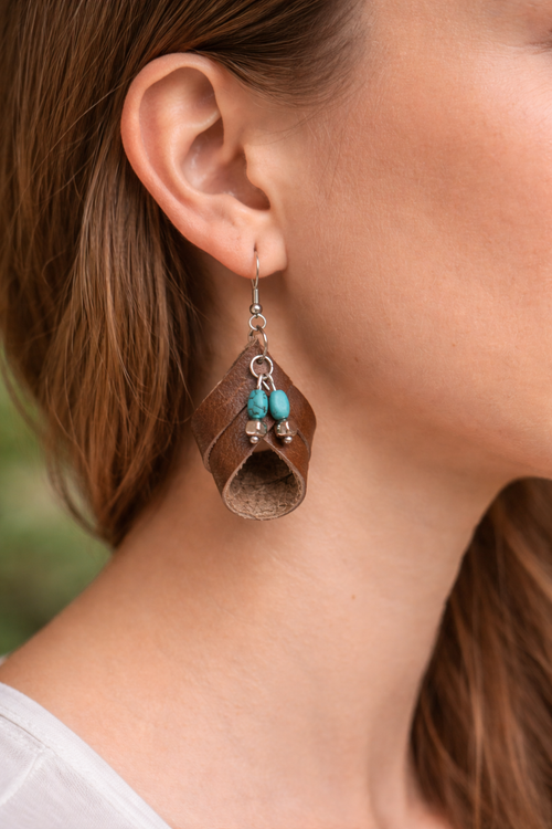 Brown Genuine Leather Wrap Earrings with Turquoise-Tone & Silver Beads