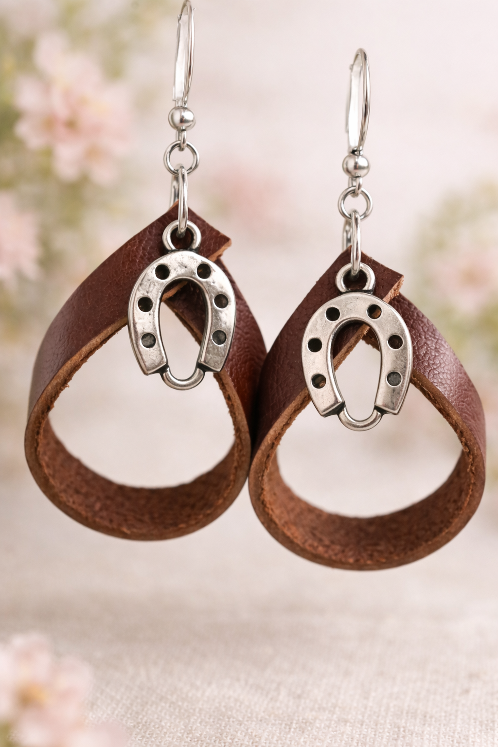 Brown Genuine Leather Horseshoe Charm Earrings