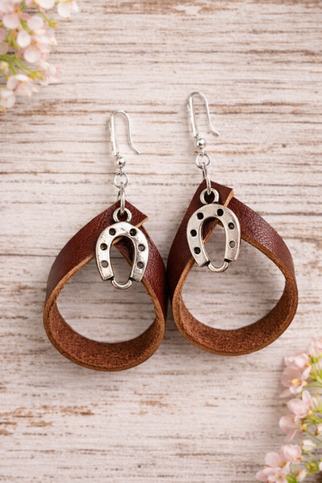 Brown Genuine Leather Horseshoe Charm Earrings