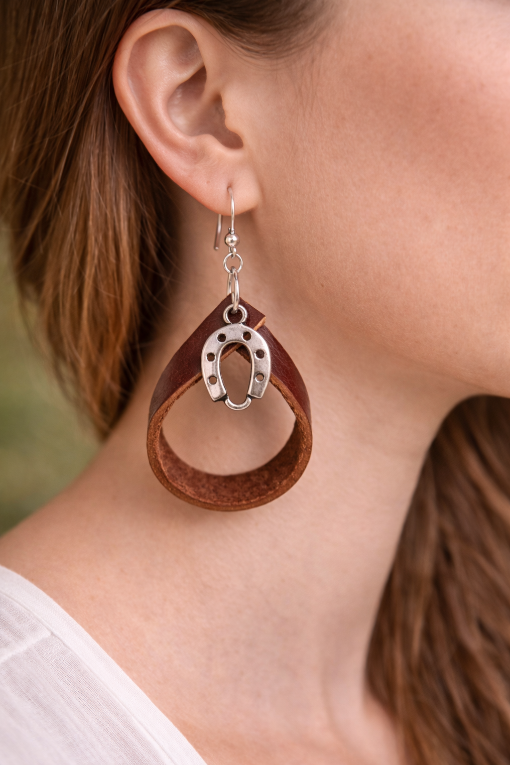 Brown Genuine Leather Horseshoe Charm Earrings