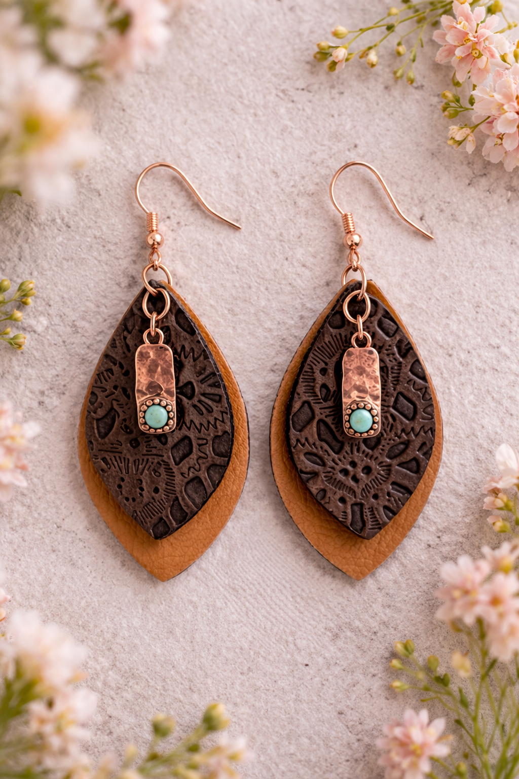 Copper-Tone Charm Teardrop Earrings | Faux Leather Statement Earrings