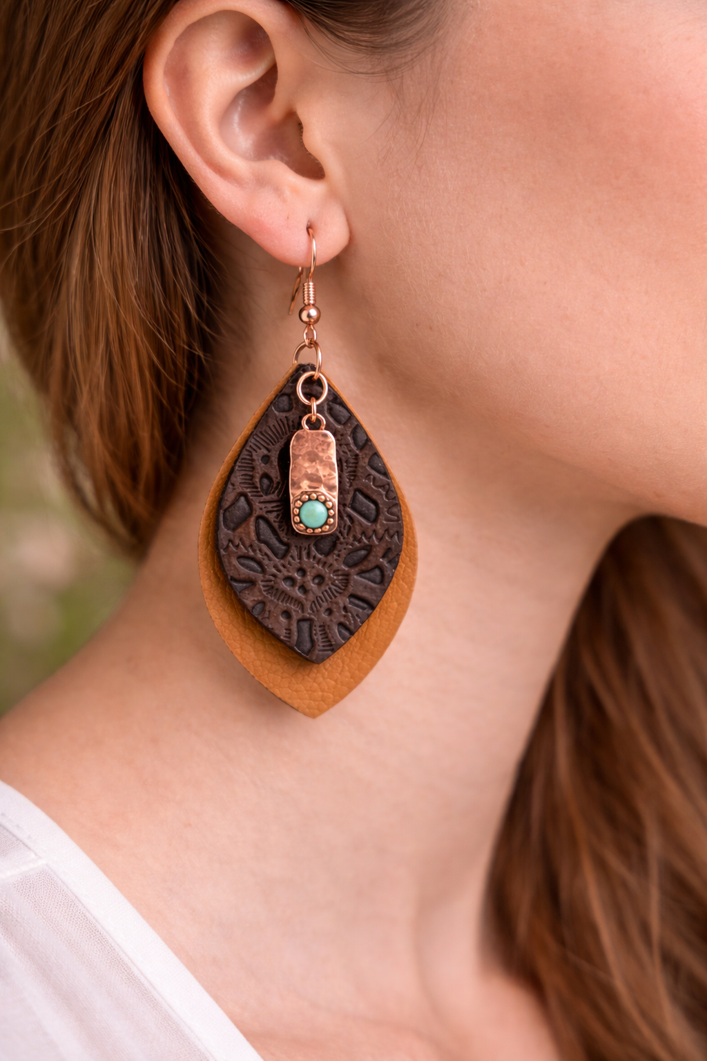 Copper-Tone Charm Teardrop Earrings | Faux Leather Statement Earrings