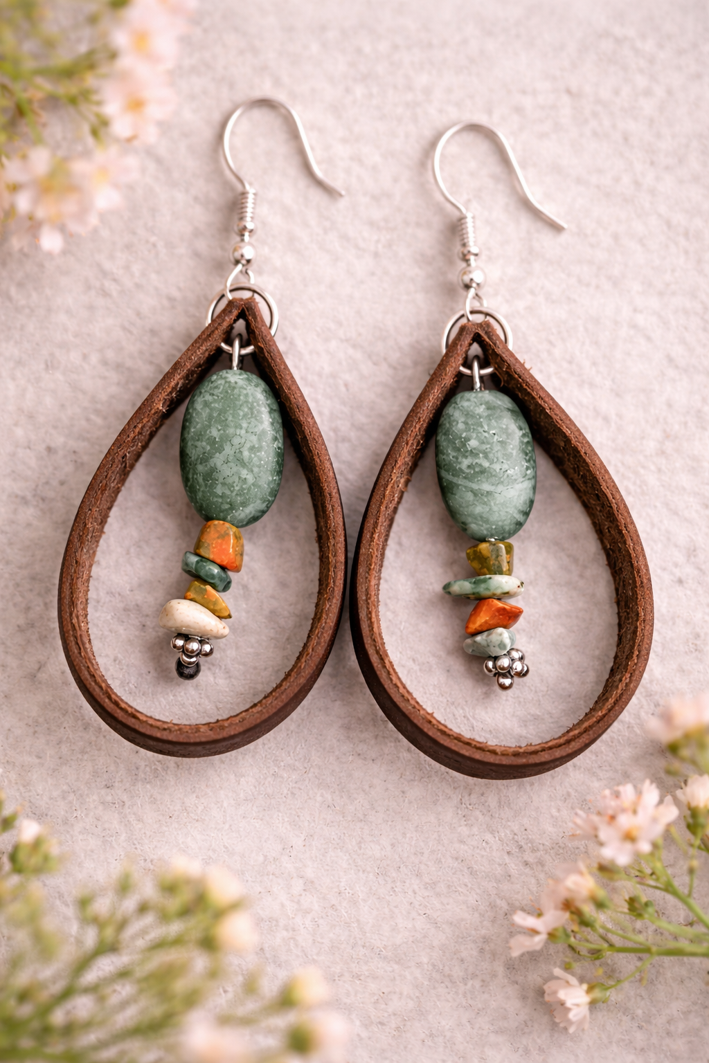 Unakite Stone & Genuine Leather Drop Earrings