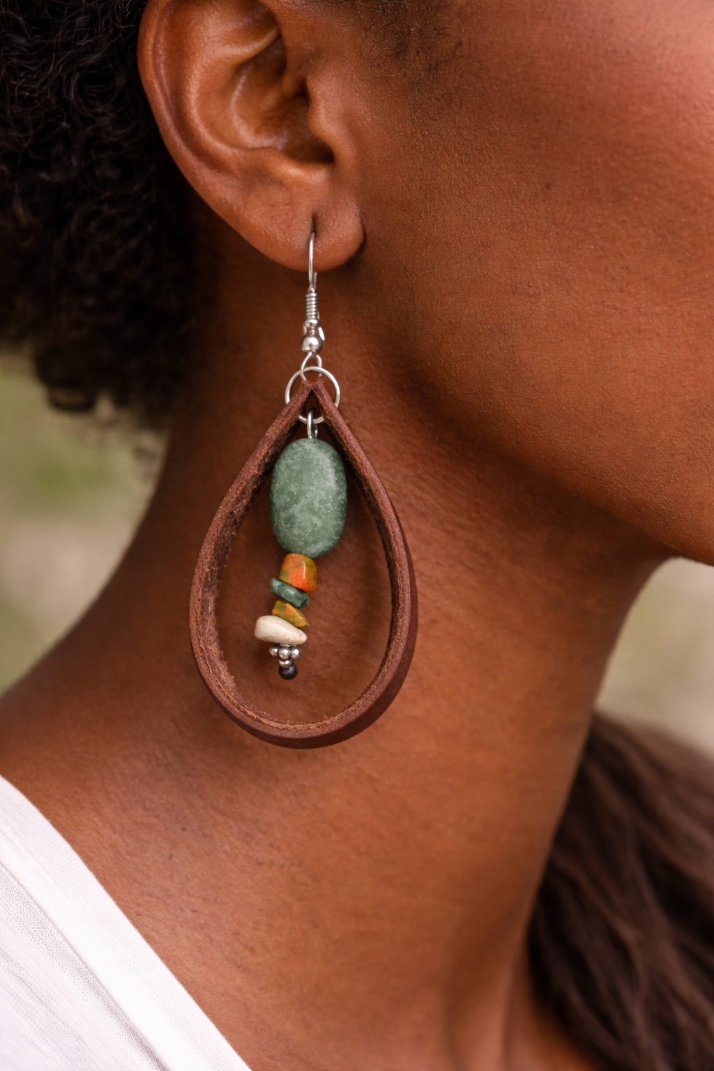 Unakite Stone & Genuine Leather Drop Earrings