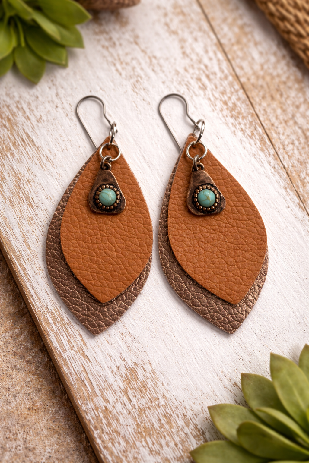 Layered Faux Leather Teardrop Earrings with Turquoise Tone Charm
