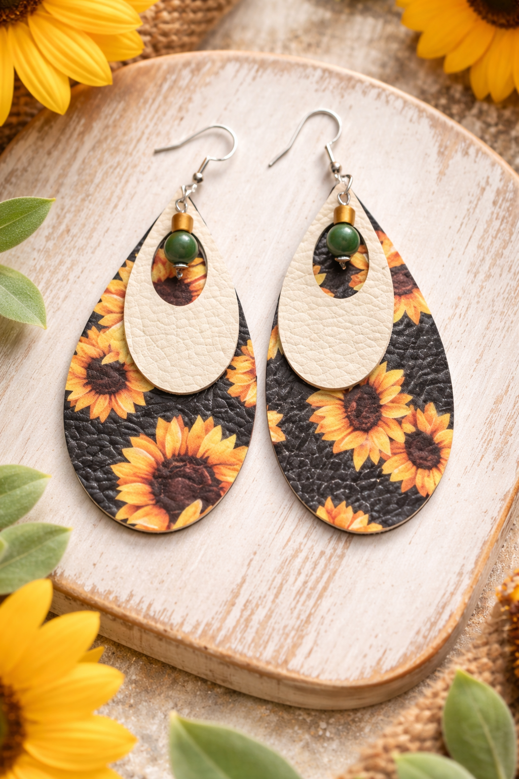 Sunflower Teardrop Earrings | Layered Faux Leather | Boho Floral Dangle