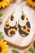 Sunflower Teardrop Earrings | Layered Faux Leather | Boho Floral Dangle