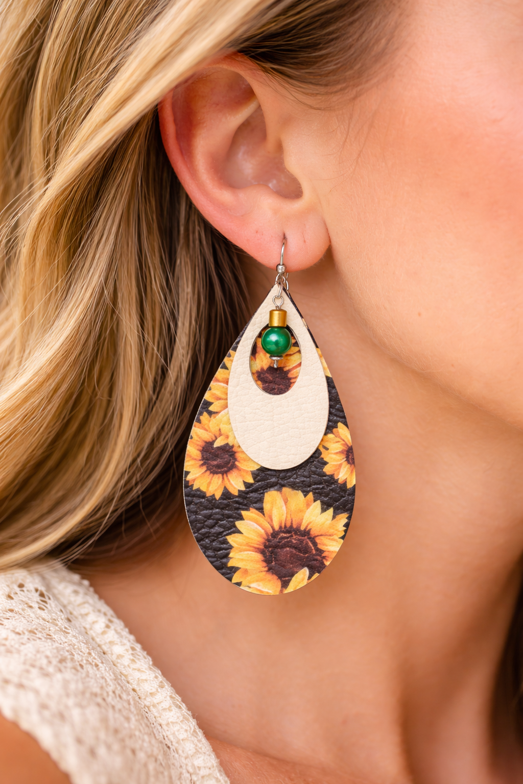 Sunflower Teardrop Earrings | Layered Faux Leather | Boho Floral Dangle