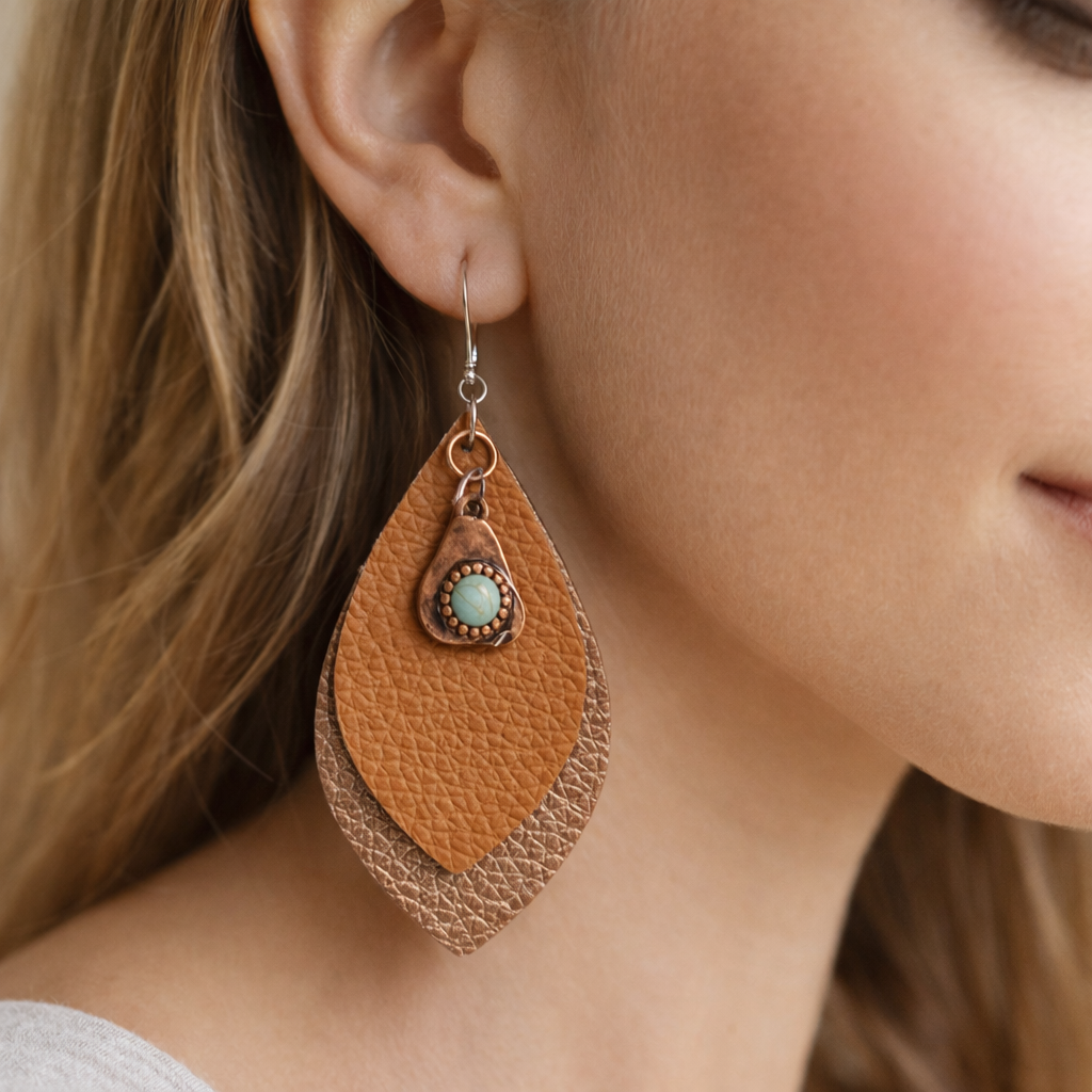 Layered Faux Leather Teardrop Earrings with Turquoise Tone Charm