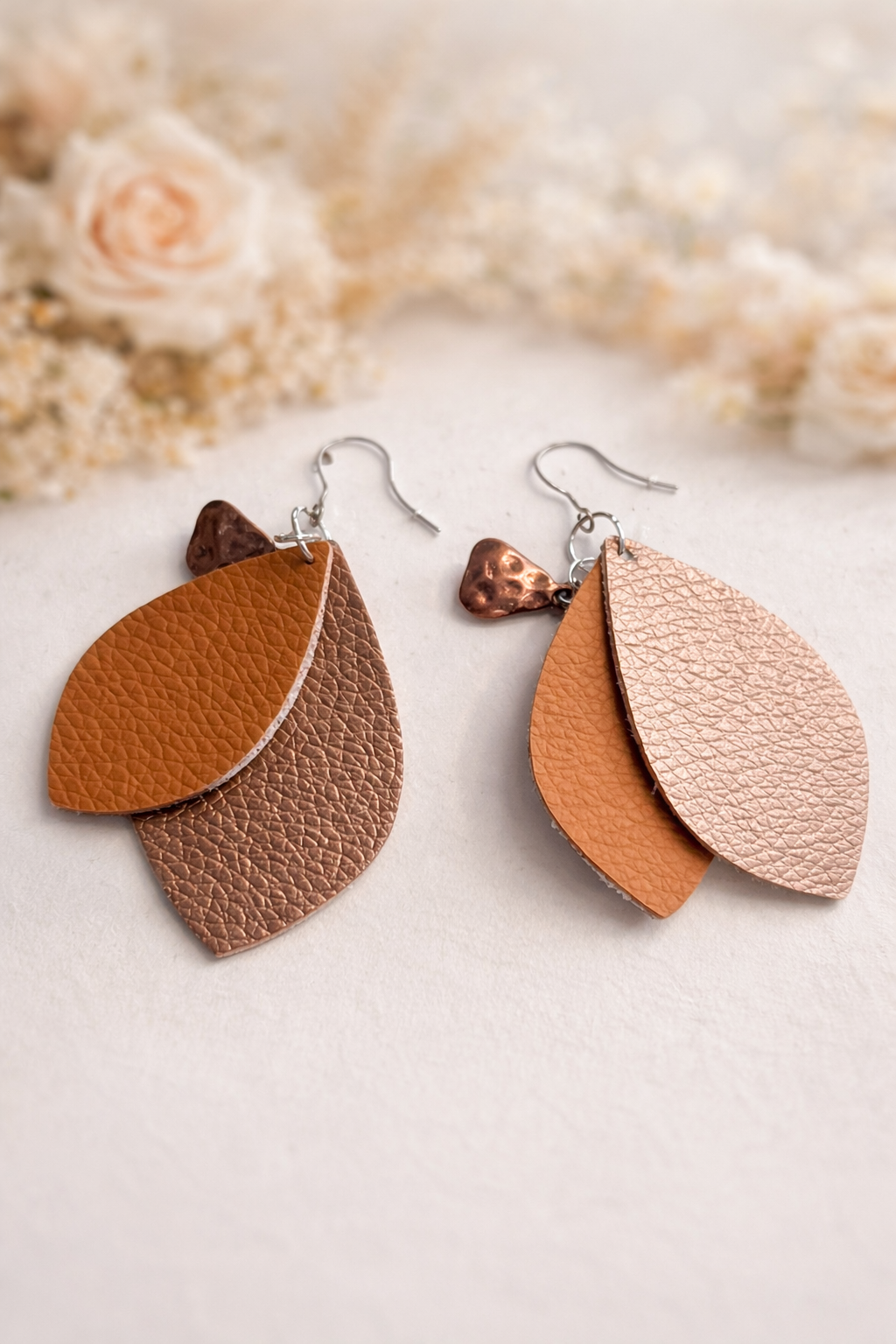 Layered Faux Leather Teardrop Earrings with Turquoise Tone Charm