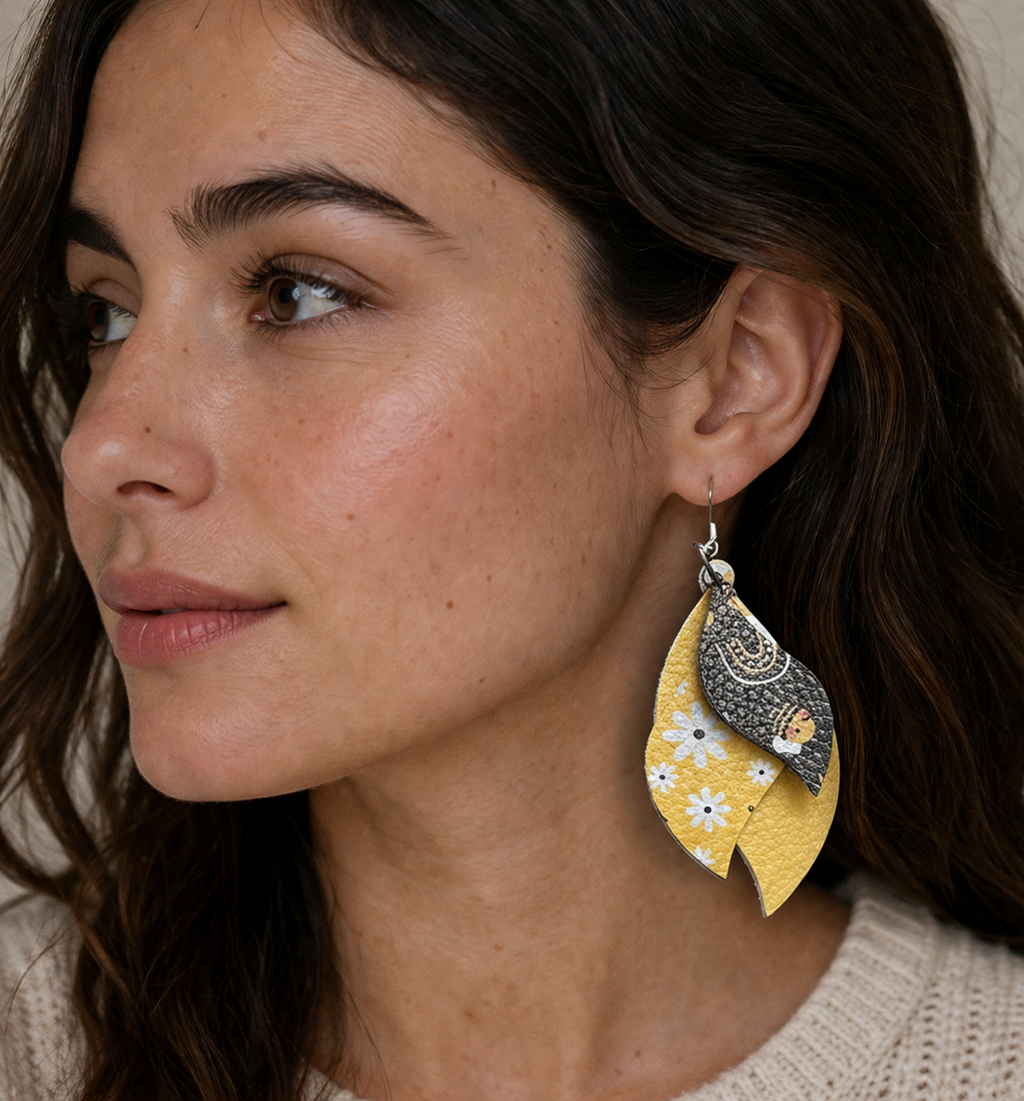 Sunshine Bee and Daisy Layered Leaf Earrings