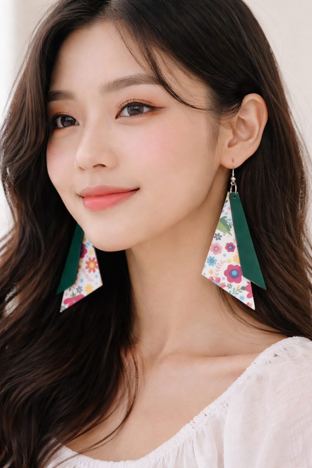 Floral & Dark Green Layered Faux Leather Dangle Earrings