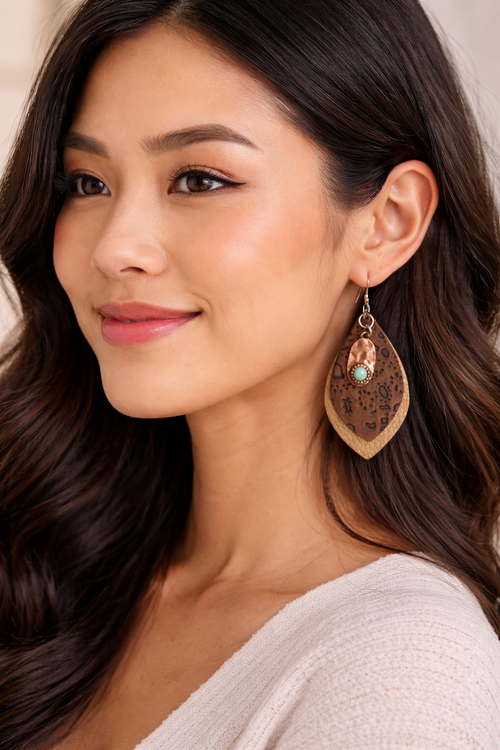 Earth & Stone Teardrop Earrings | Brown Faux Leather, Turquoise-Tone Bead & Copper-Tone Charm