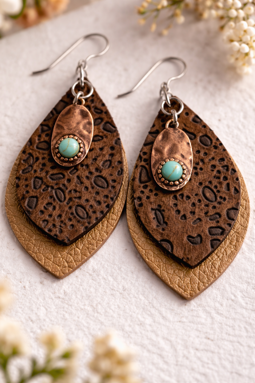 Earth & Stone Teardrop Earrings | Brown Faux Leather, Turquoise-Tone Bead & Copper-Tone Charm