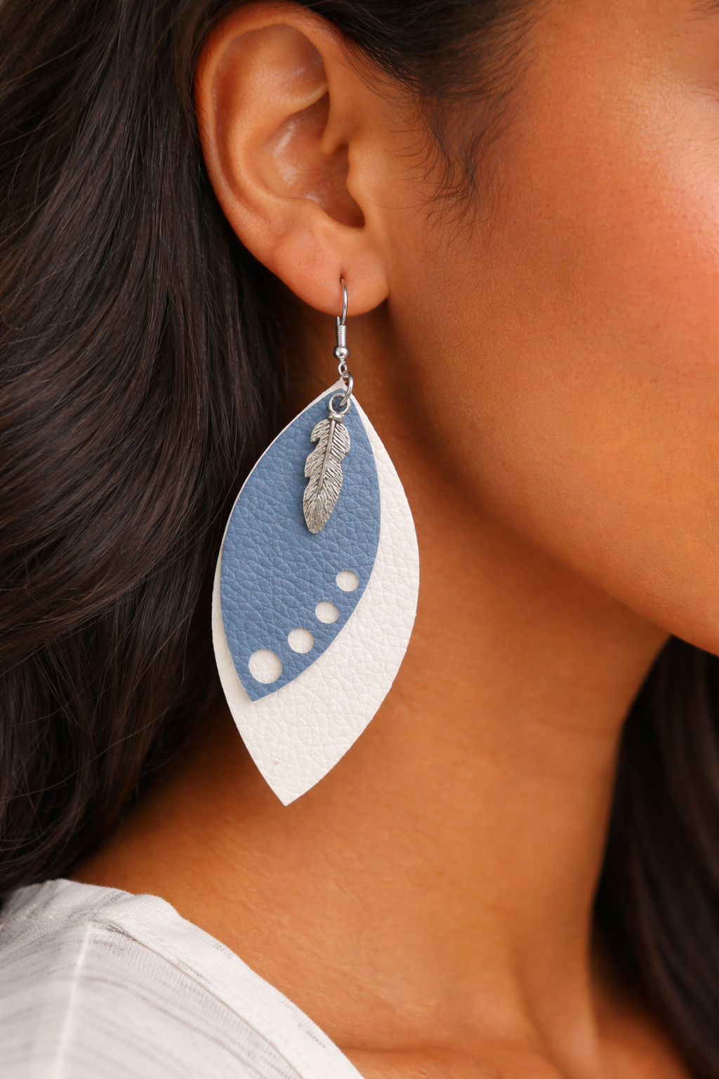 Feather Charm Dangle Earrings | Faux Leather | Blue & White