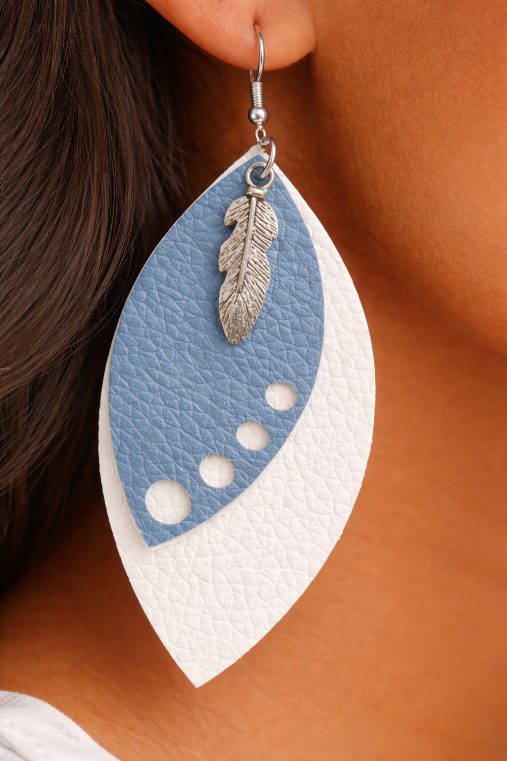 Feather Charm Dangle Earrings | Faux Leather | Blue & White