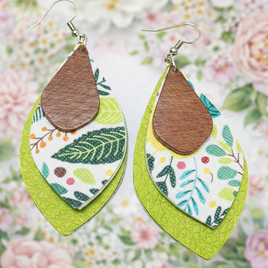 Tropical Pattern Faux Leather Dangle Earrings – Handmade Boho Beach Jewelry