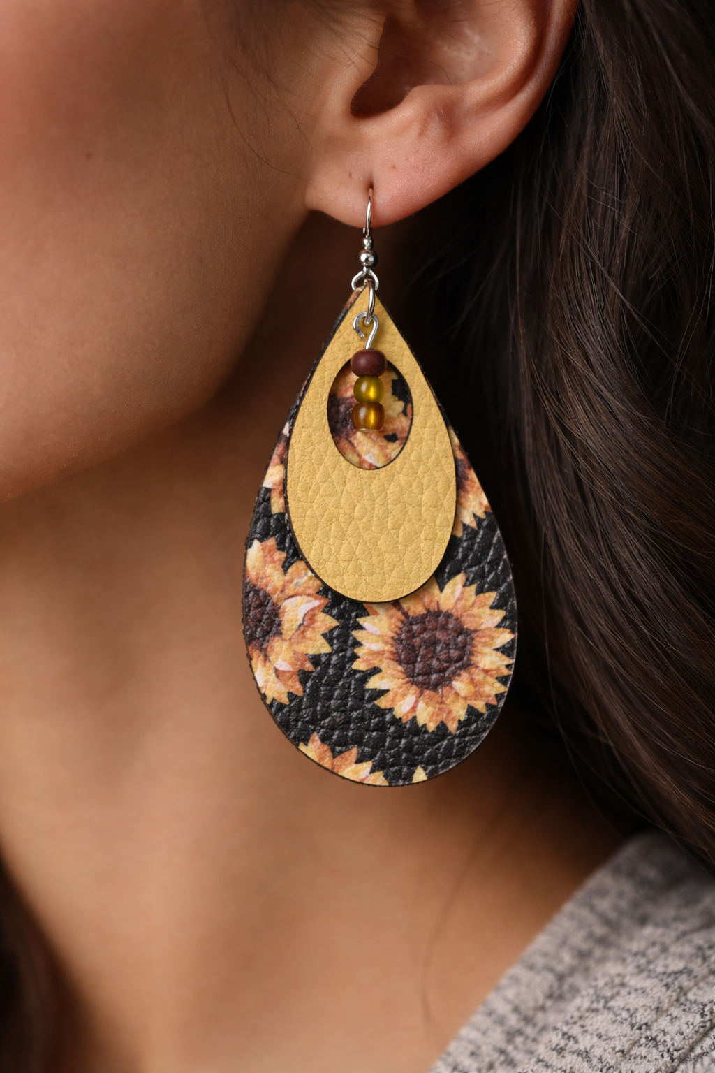 Handmade Lightweight Faux Leather Sunflower Earrings – Boho Floral Dangle Jewelry