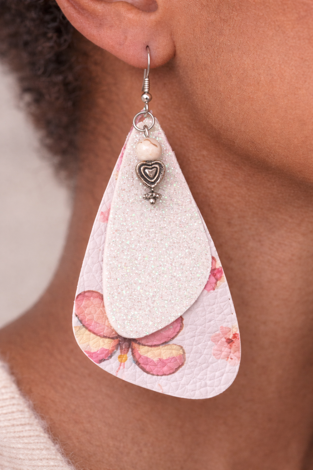 Blush Floral Butterfly Faux Leather Earrings with Glitter Layer & Heart Charm | Lightweight Teardrop Dangles