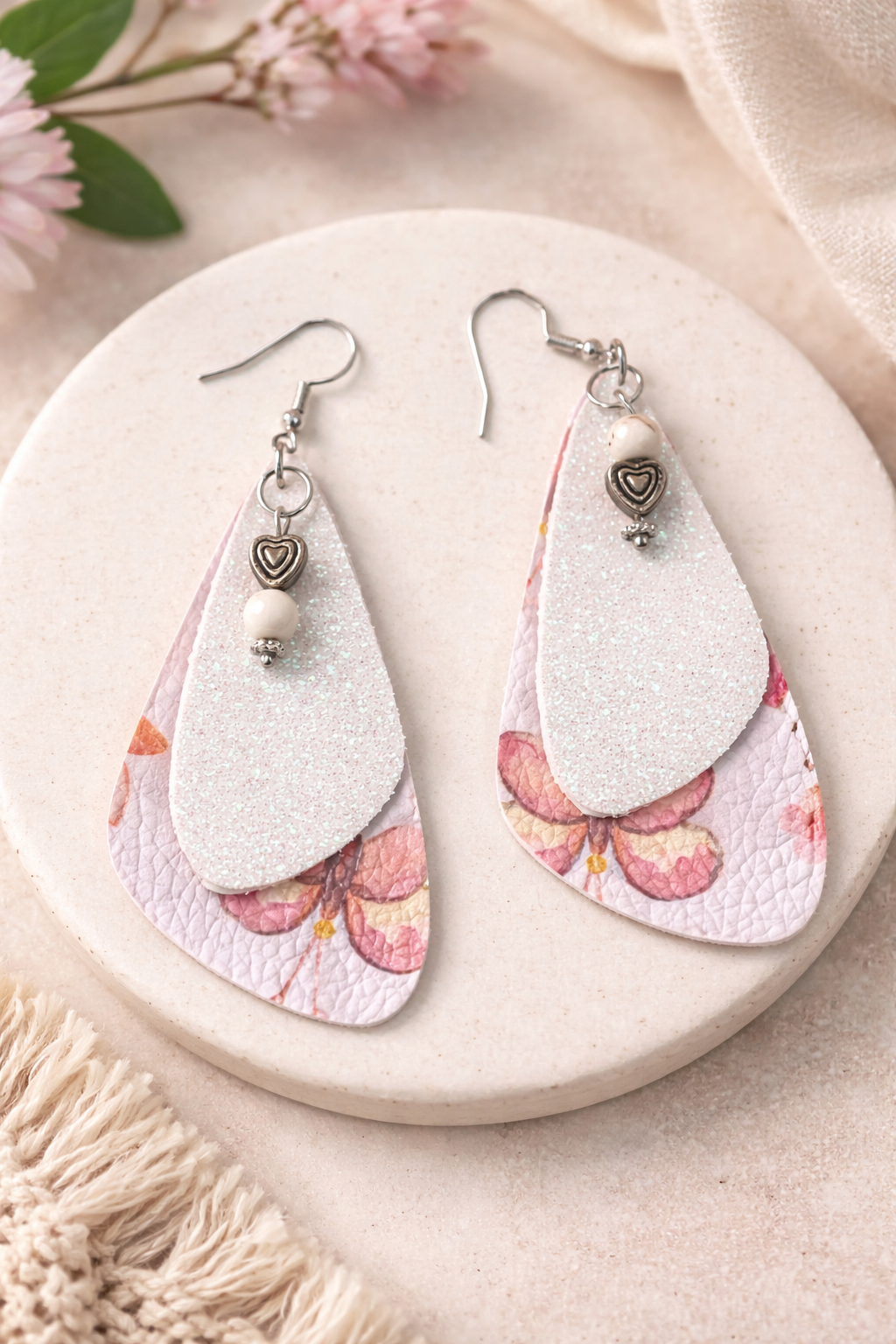 Blush Floral Butterfly Faux Leather Earrings with Glitter Layer & Heart Charm | Lightweight Teardrop Dangles