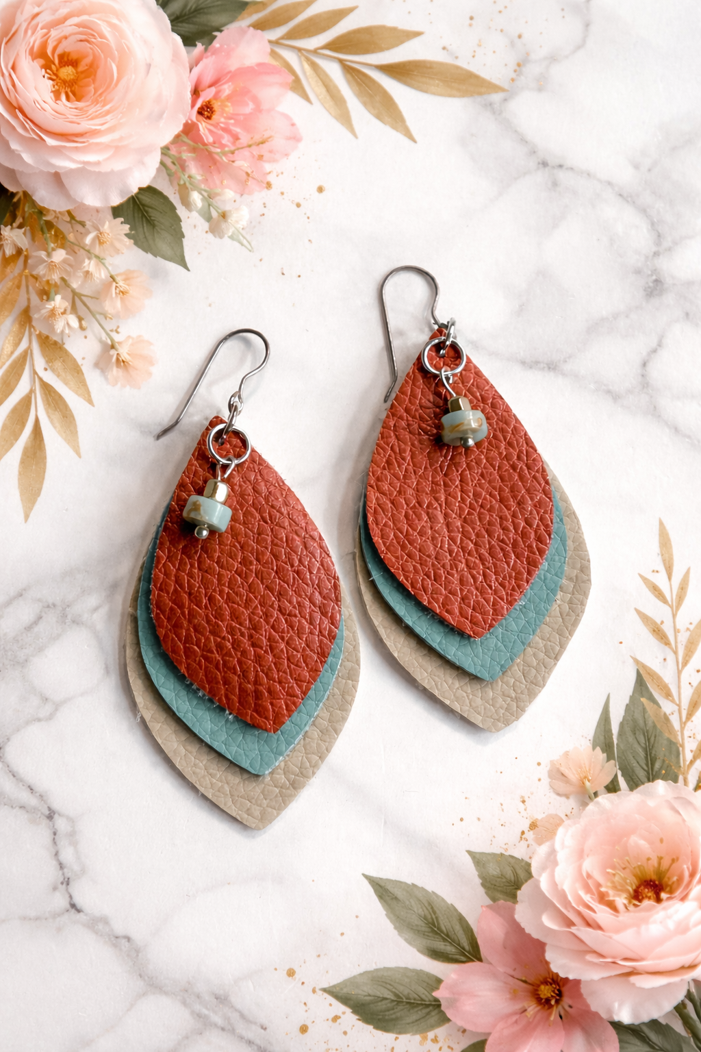 Layered Faux Leather Earrings | Burnt Orange, Turquoise-Tone & Neutral Boho Dangles