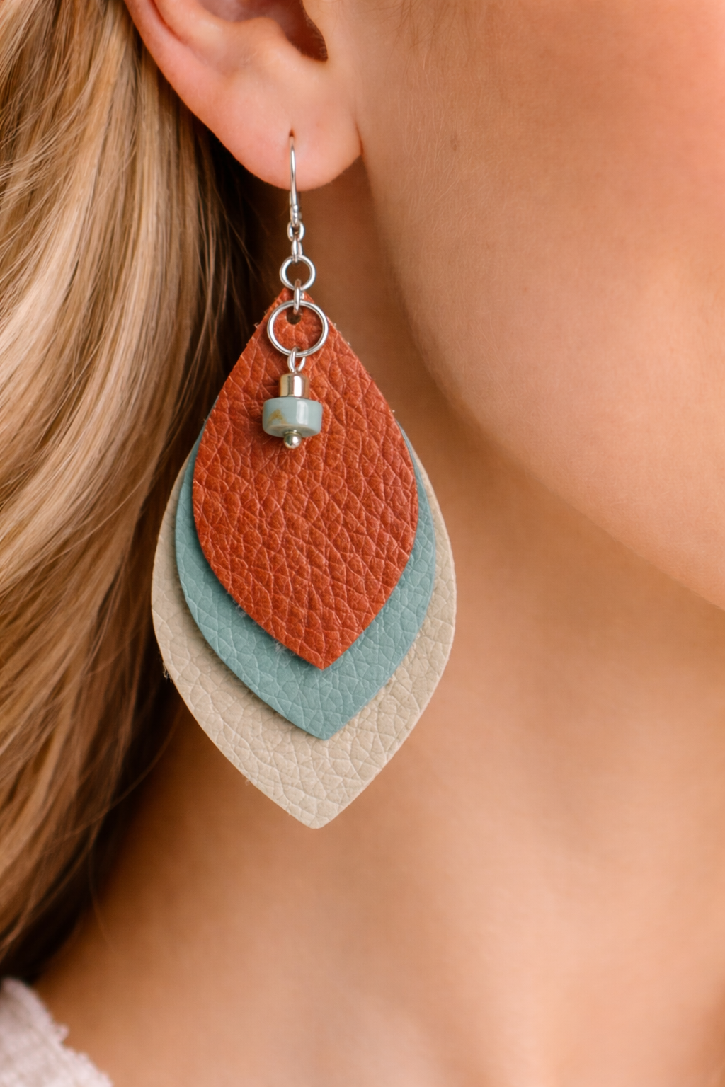 Layered Faux Leather Earrings | Burnt Orange, Turquoise-Tone & Neutral Boho Dangles