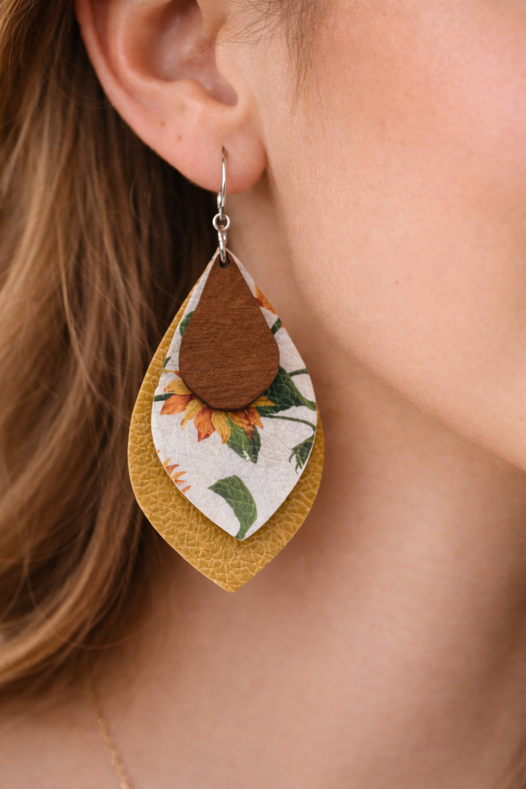 Sunflower Print Faux Leather Earrings | Layered Teardrop Statement Jewelry