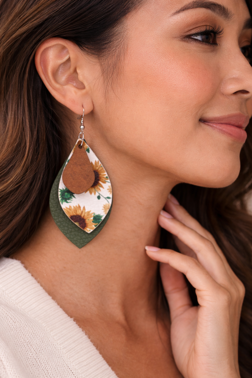 Sunflower Faux Leather Teardrop Earrings with Green Layer & Wood Accent | Black & White Vinyl Backing