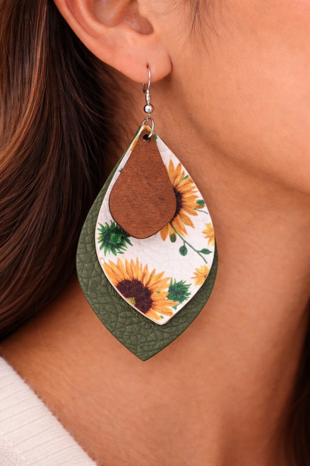 Sunflower Faux Leather Teardrop Earrings with Green Layer & Wood Accent | Black & White Vinyl Backing