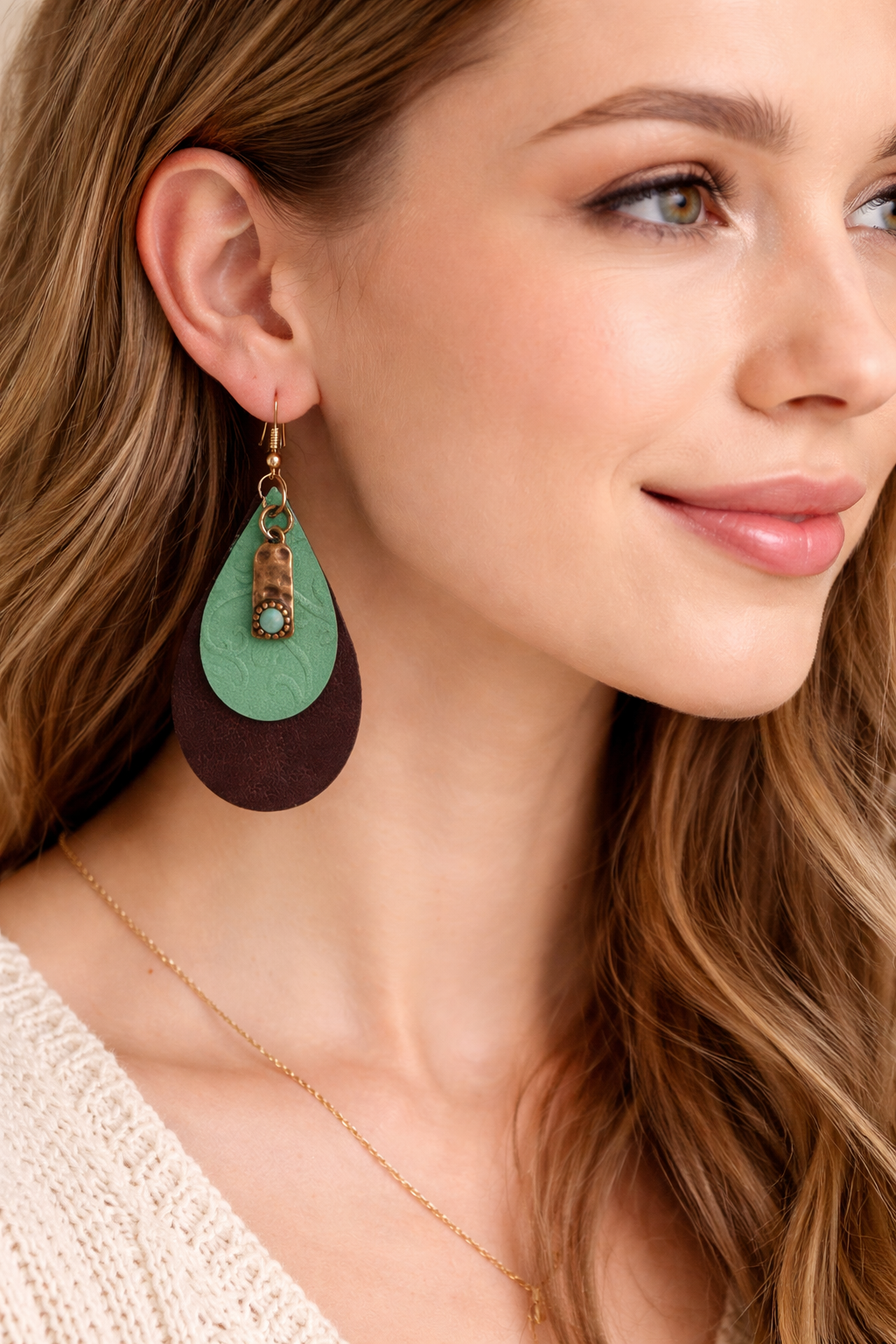 Rustic & Layered Genuine Leather Earrings with Copper Tone Charm | Boho Teardrop Dangle Earrings