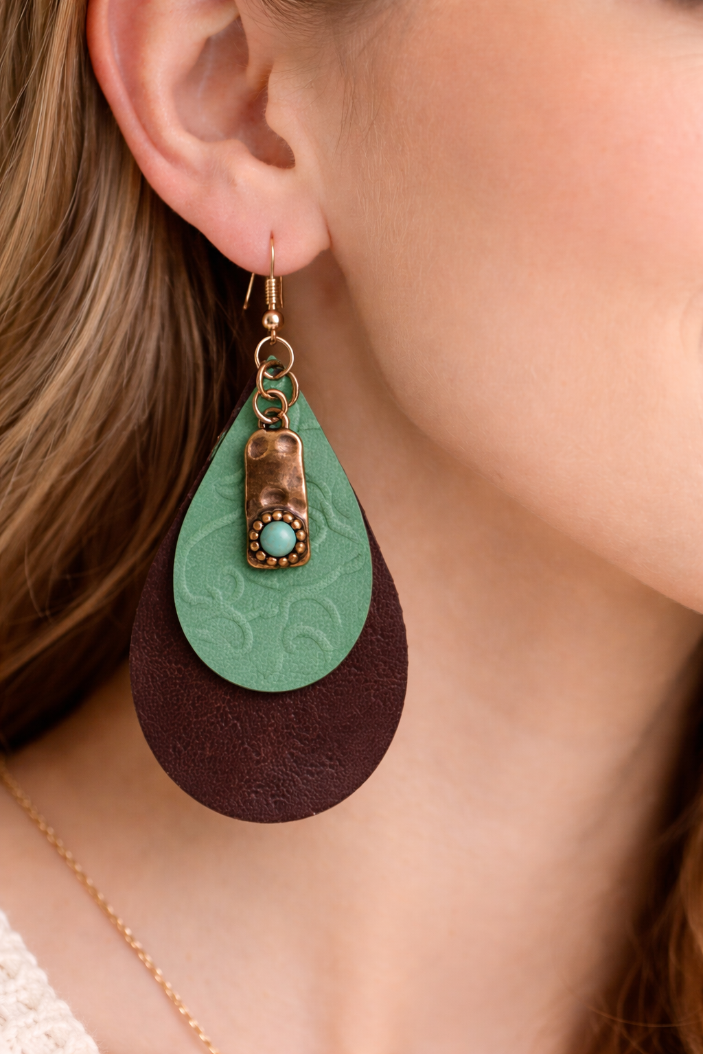 Rustic & Layered Genuine Leather Earrings with Copper Tone Charm | Boho Teardrop Dangle Earrings