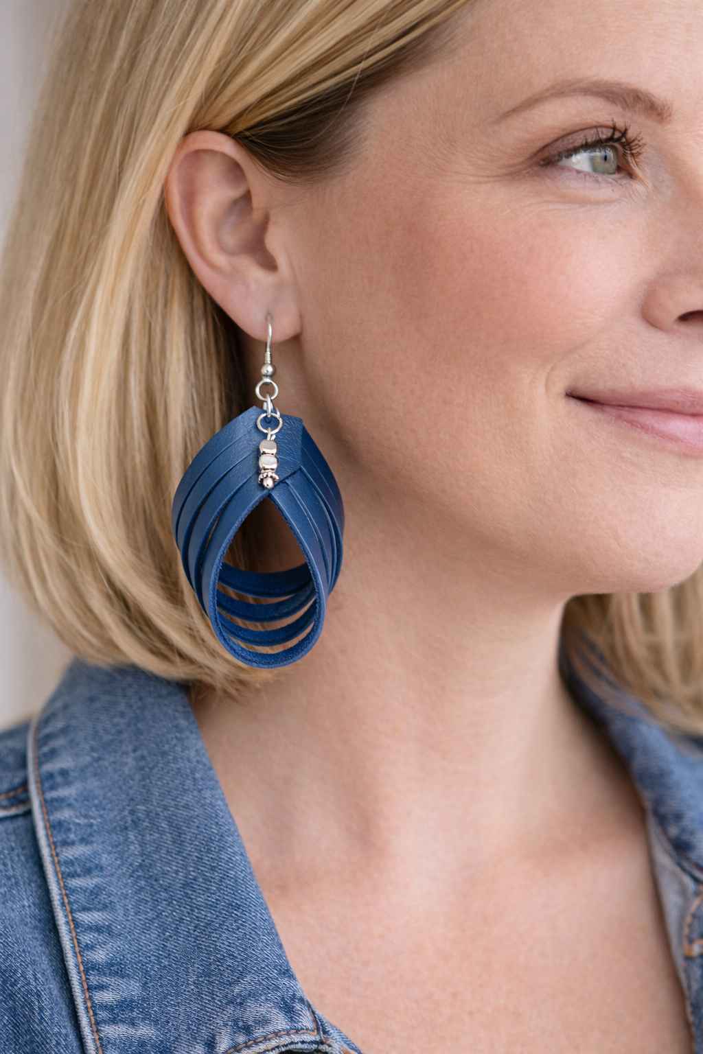 Navy Blue Leather Teardrop Earrings | Layered Lightweight Statement Earrings