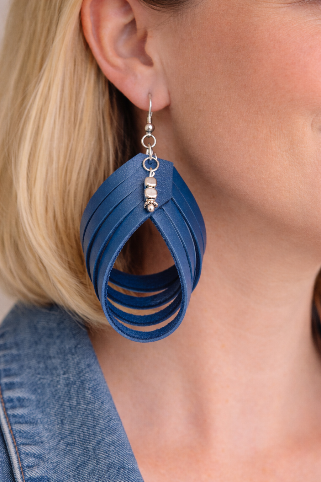 Navy Blue Leather Teardrop Earrings | Layered Lightweight Statement Earrings