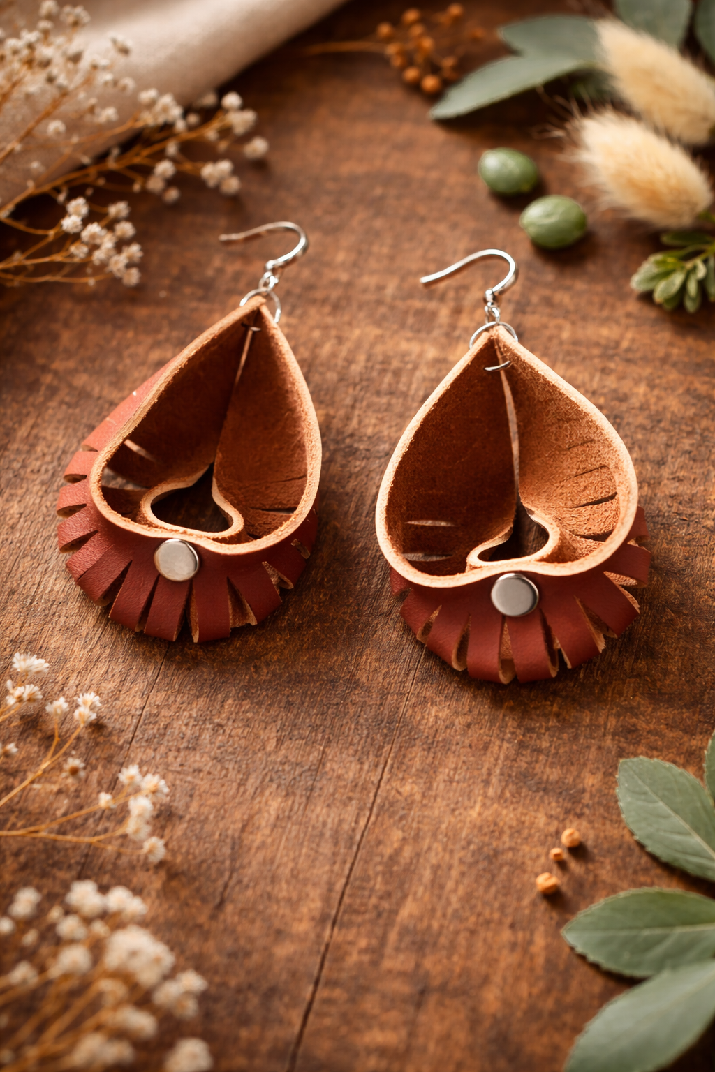 Rustic Teardrop Leather Fringe Earrings | Lightweight Handmade Statement Earrings