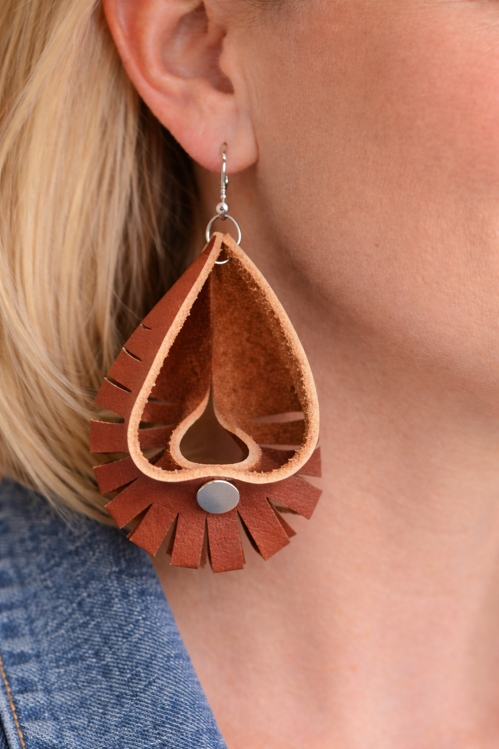 Rustic Teardrop Leather Fringe Earrings | Lightweight Handmade Statement Earrings
