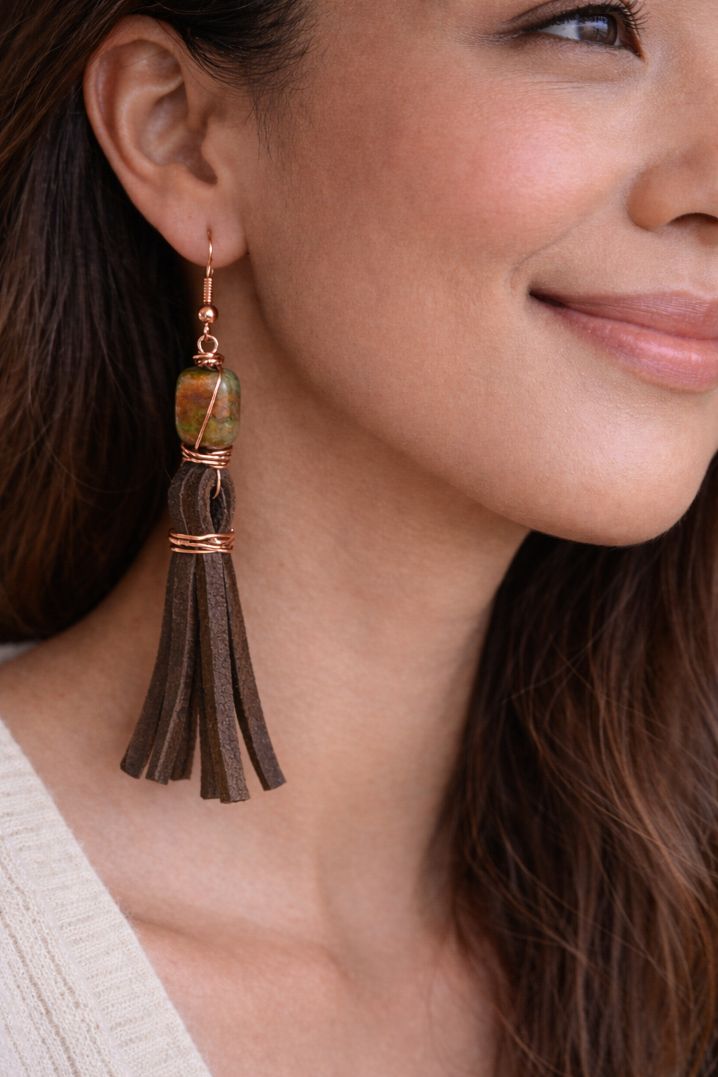 Unakite Jasper Style Genuine Leather Earrings – Lightweight Earth Tone Statement Jewelry