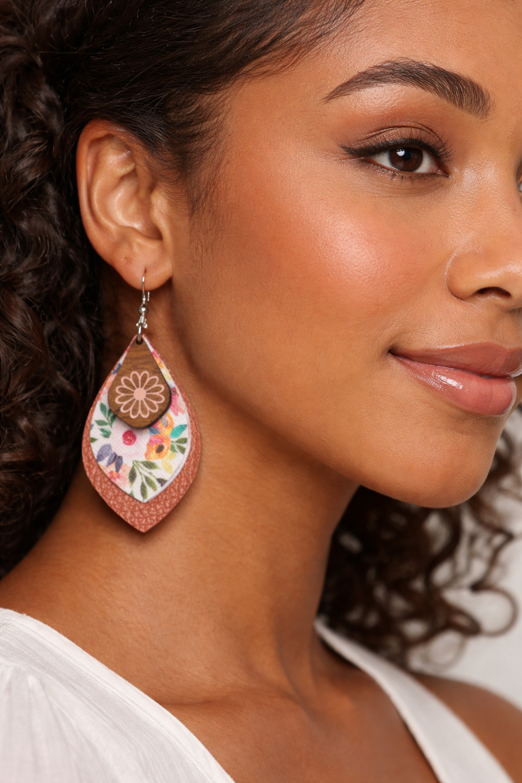 Layered Faux Leather Copper Tone Floral Dangle Earrings | Lightweight Boho Teardrop Earrings