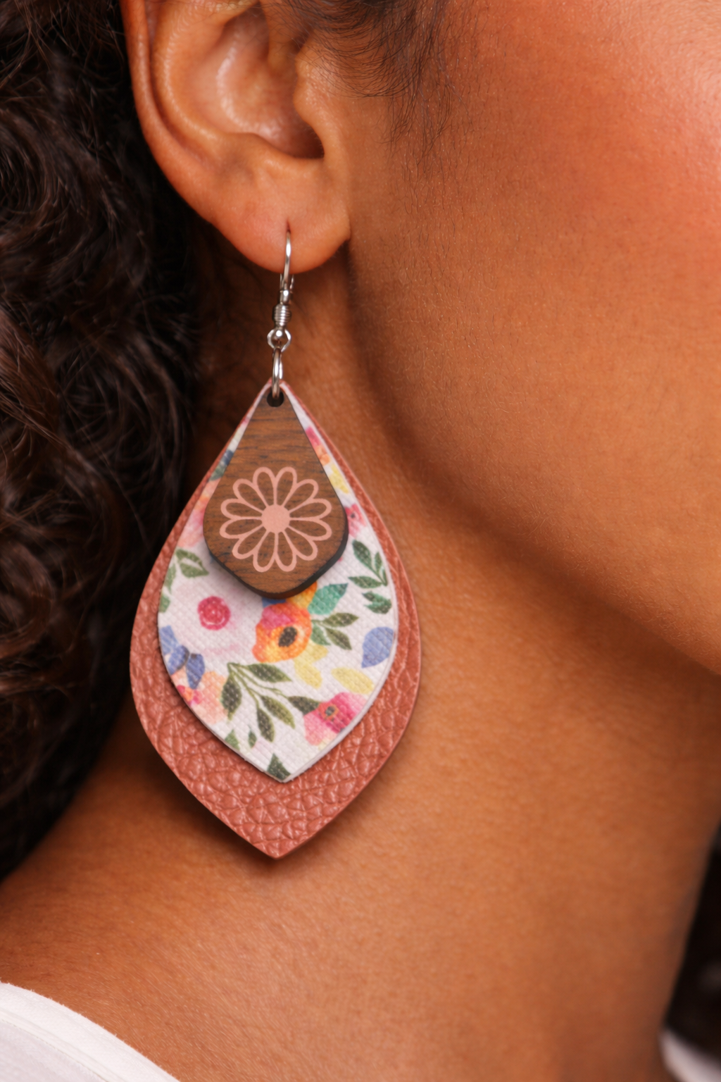Layered Faux Leather Copper Tone Floral Dangle Earrings | Lightweight Boho Teardrop Earrings