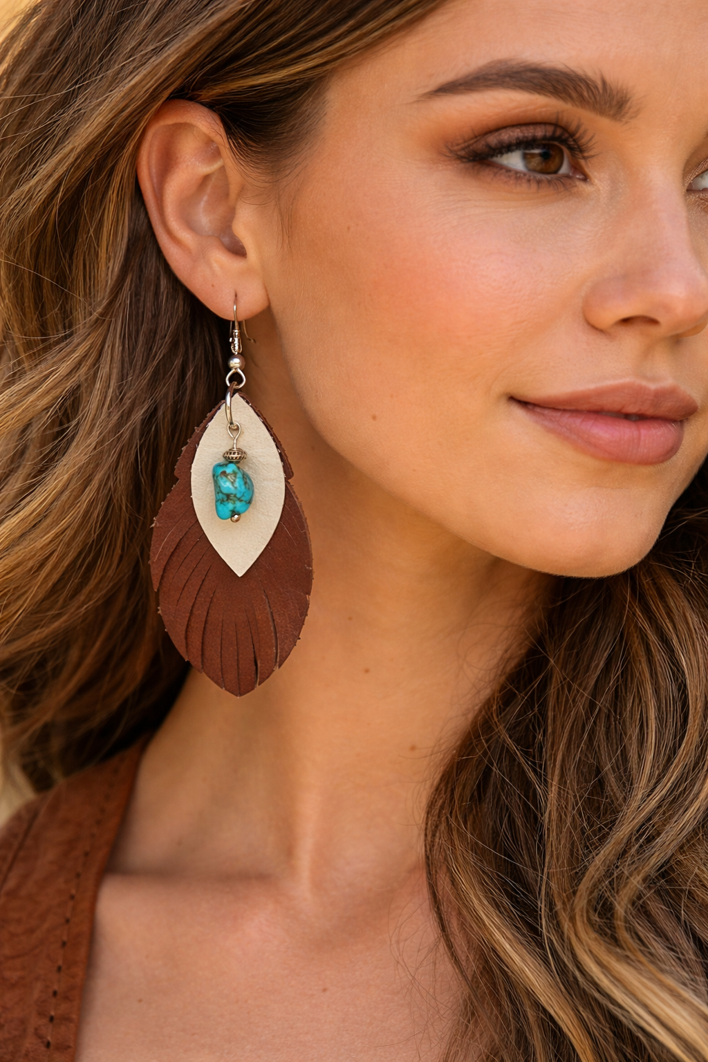 Western Feather Leather Earrings with Turquoise Accent | Boho Rustic Dangle Earrings