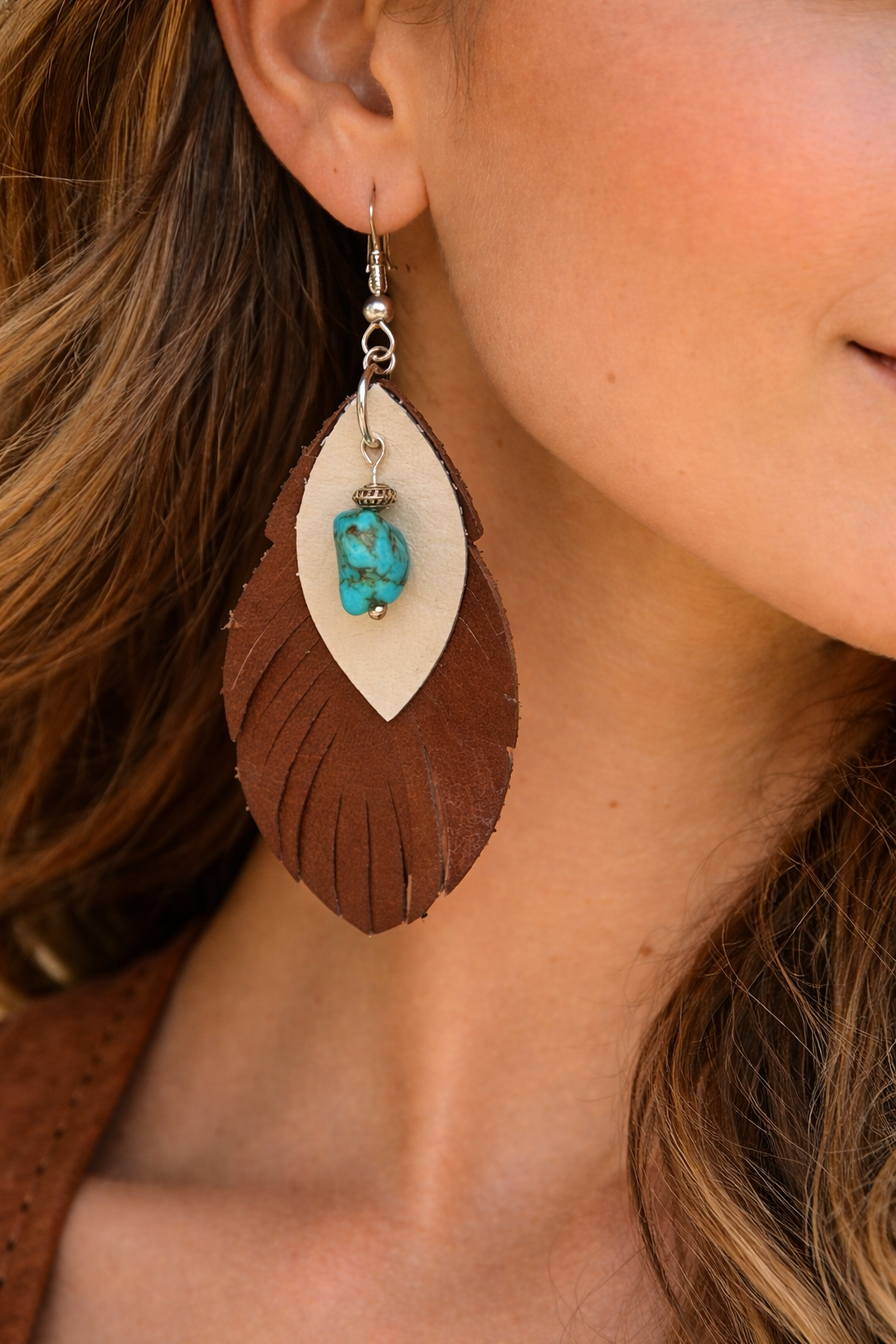 Western Feather Leather Earrings with Turquoise Accent | Boho Rustic Dangle Earrings