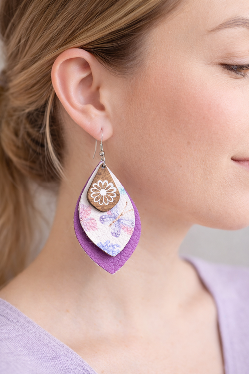 Butterfly Layered Faux Leather Earrings | Purple Floral Lightweight Dangles