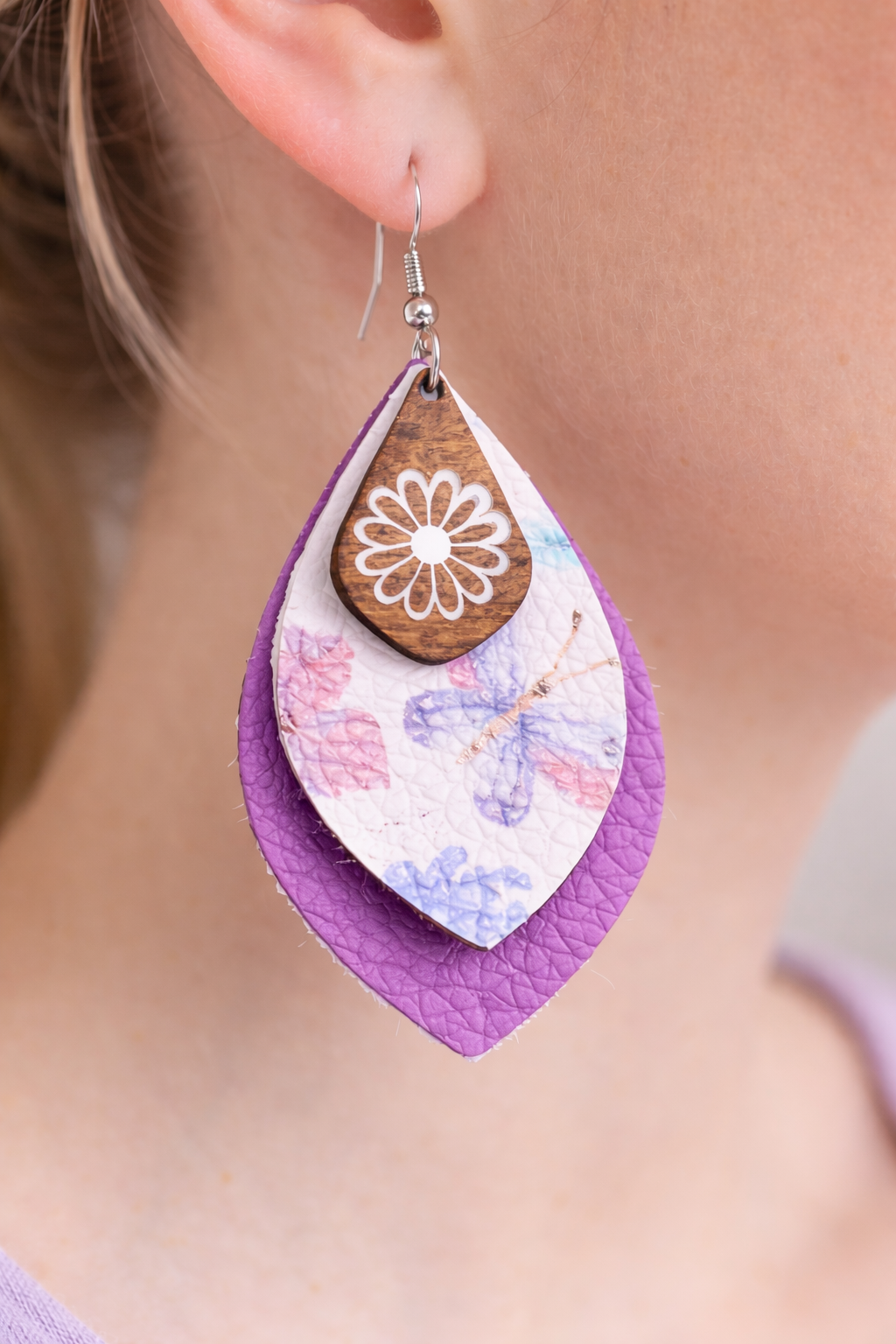 Butterfly Layered Faux Leather Earrings | Purple Floral Lightweight Dangles