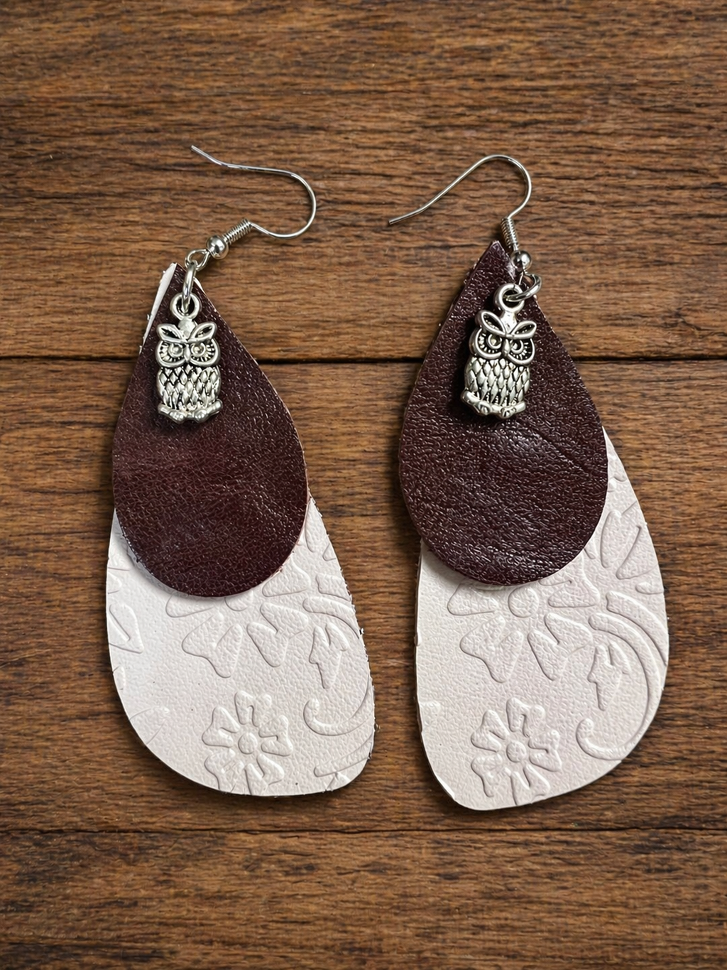 Genuine Leather Teardrop Earrings with Embossed White Detail & Chocolate Brown Layer – Owl Charm Dangle Earrings