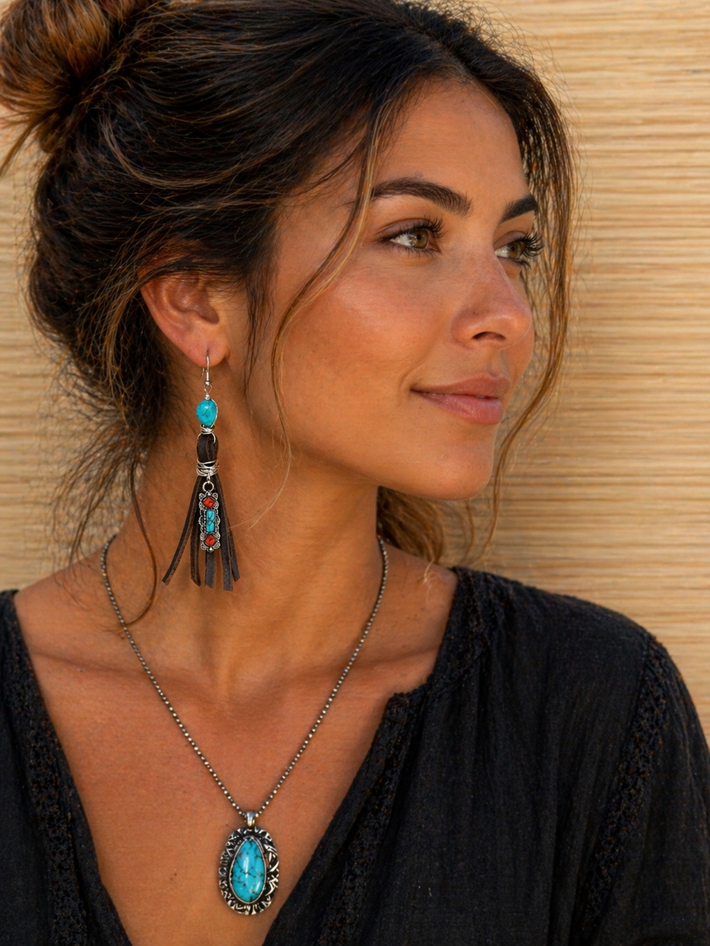 Genuine Leather Fringe Earrings with Turquoise-Like Stone | Western Boho Dangle Earrings