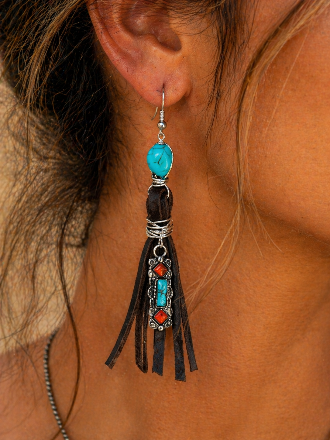 Genuine Leather Fringe Earrings with Turquoise-Like Stone | Western Boho Dangle Earrings