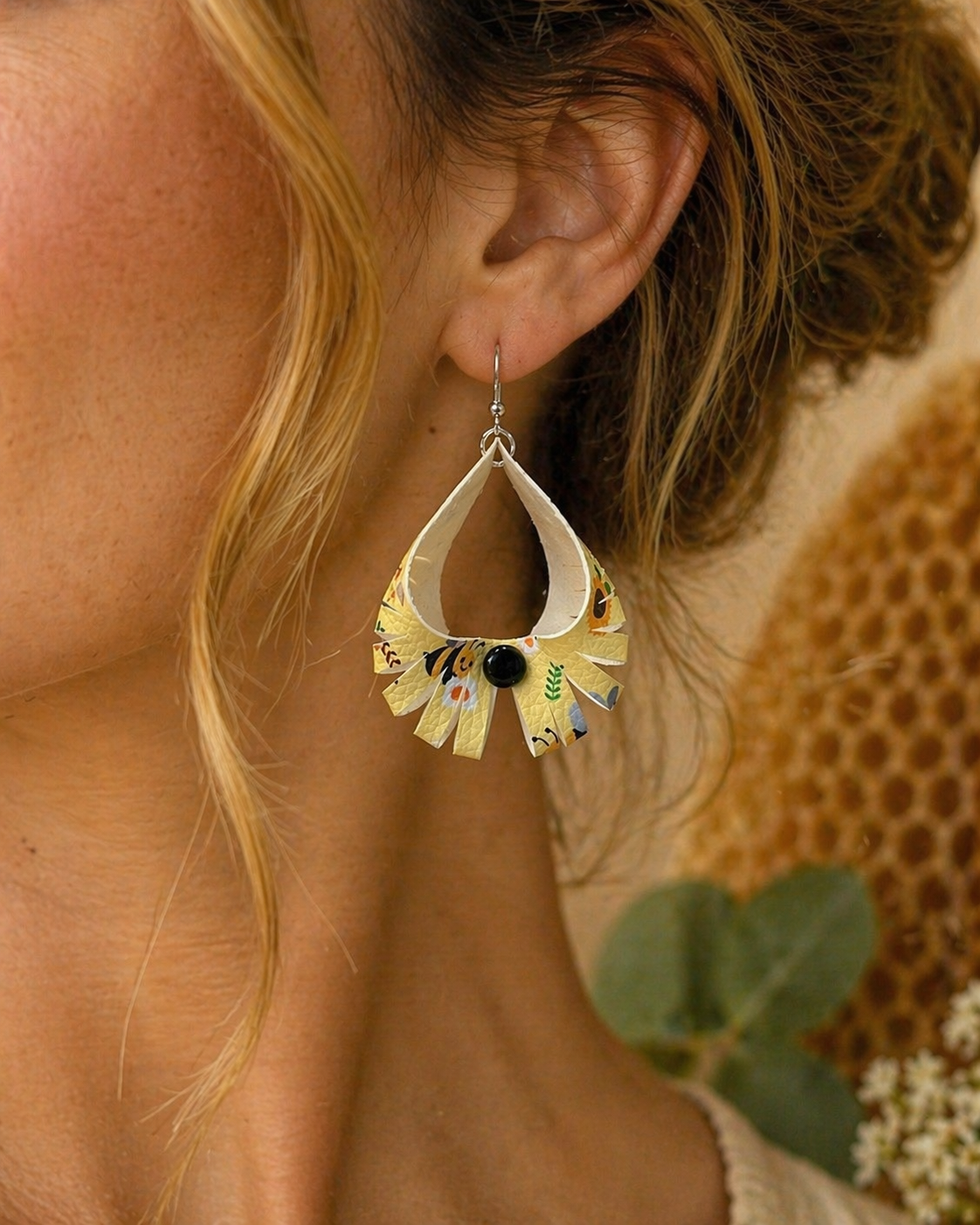 Faux Leather Sunflower Bee Earrings | Lightweight Handmade Dangle | Boho Floral Honeycomb Jewelry